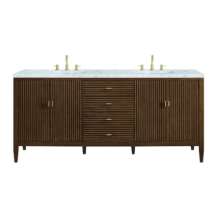 James Martin Vanities 72'' Double Vanity, Mid Century Walnut w/ 3 CM Carrara White Marble Top 485-V72-WLT-3CAR